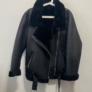 Fur lined leather faux leather jacket